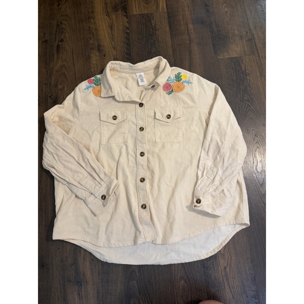 Disney Coco Corduroy Embroidered Shirt 3X Cream Skull Guitar Floral